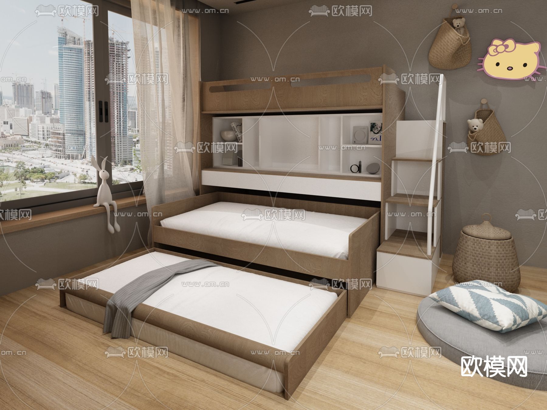 儿童床 组合写字桌3d模型下载（渲染图2）