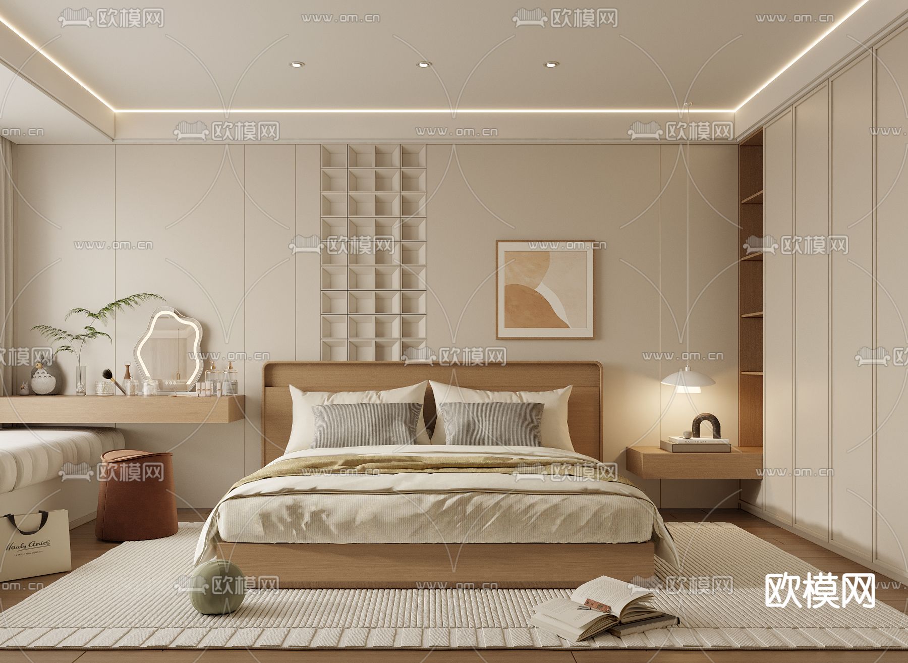 侘寂风卧室 主人房3d模型下载（渲染图1）