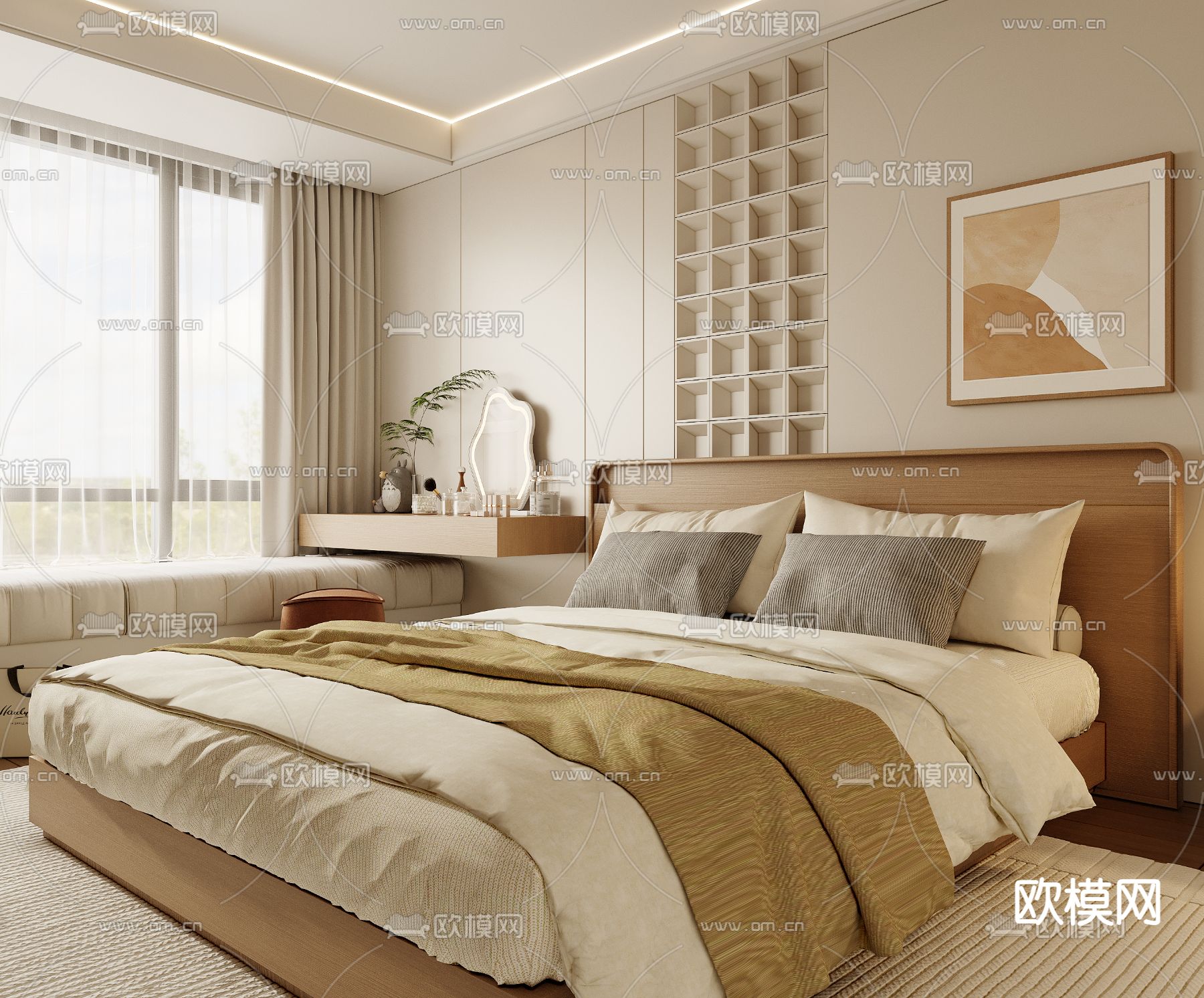 侘寂风卧室 主人房3d模型下载（渲染图2）