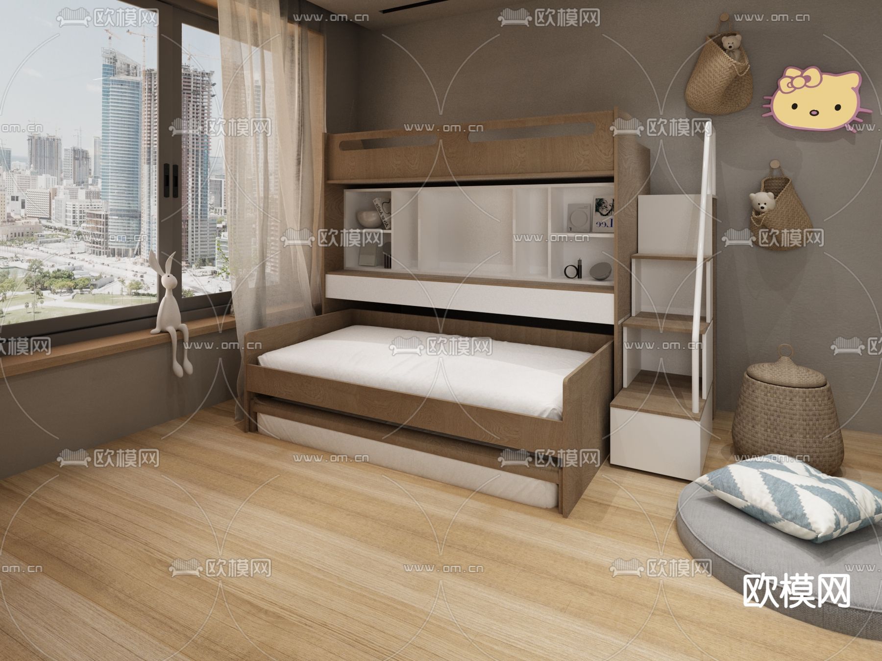 儿童床 组合写字桌3d模型下载（渲染图1）