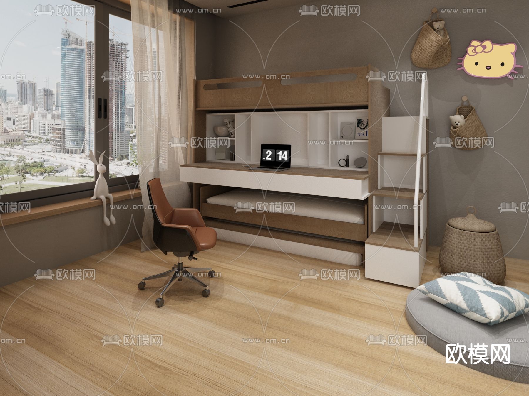 儿童床 组合写字桌3d模型下载（渲染图3）