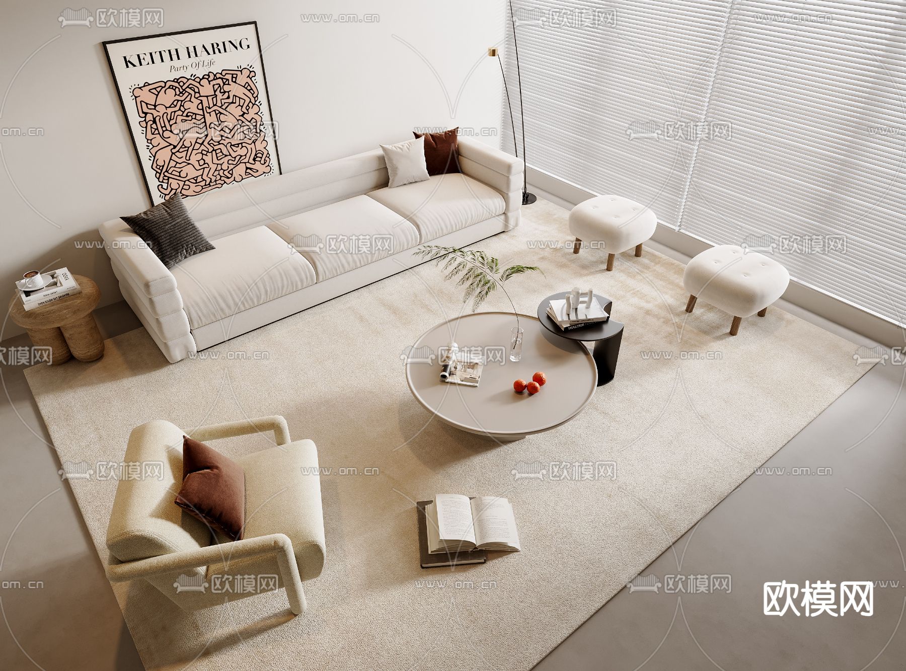 奶油风组合沙发3d模型下载