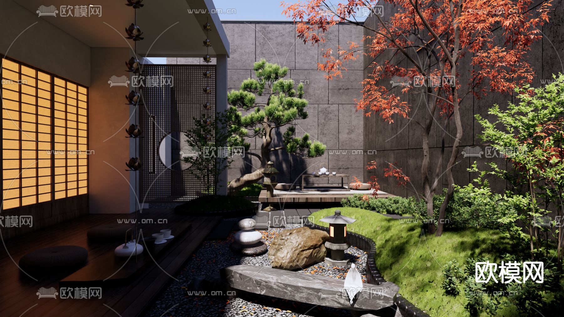 新中式庭院花园su模型下载（渲染图2）