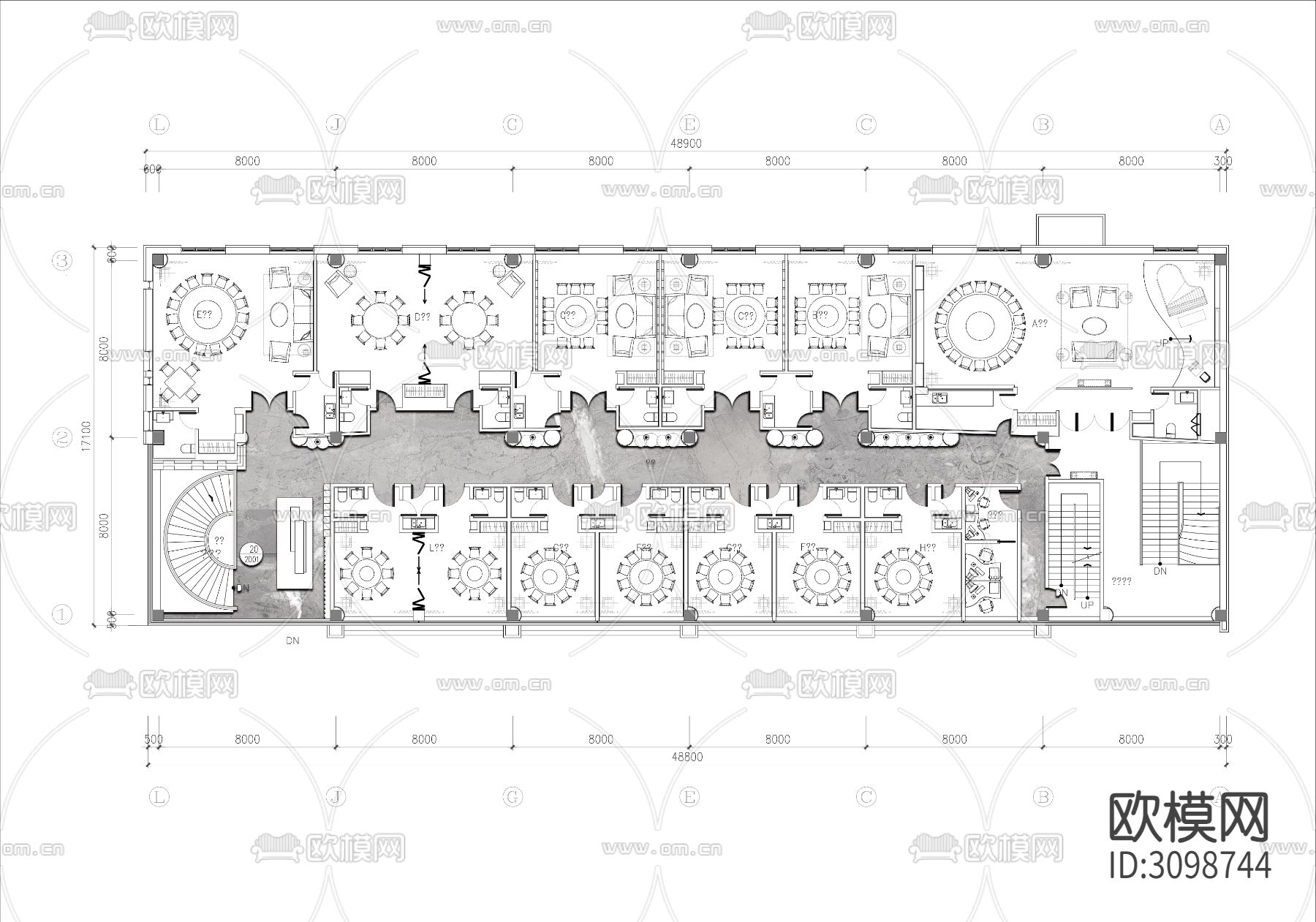 800㎡高档餐厅豪华包间cad平面图下载