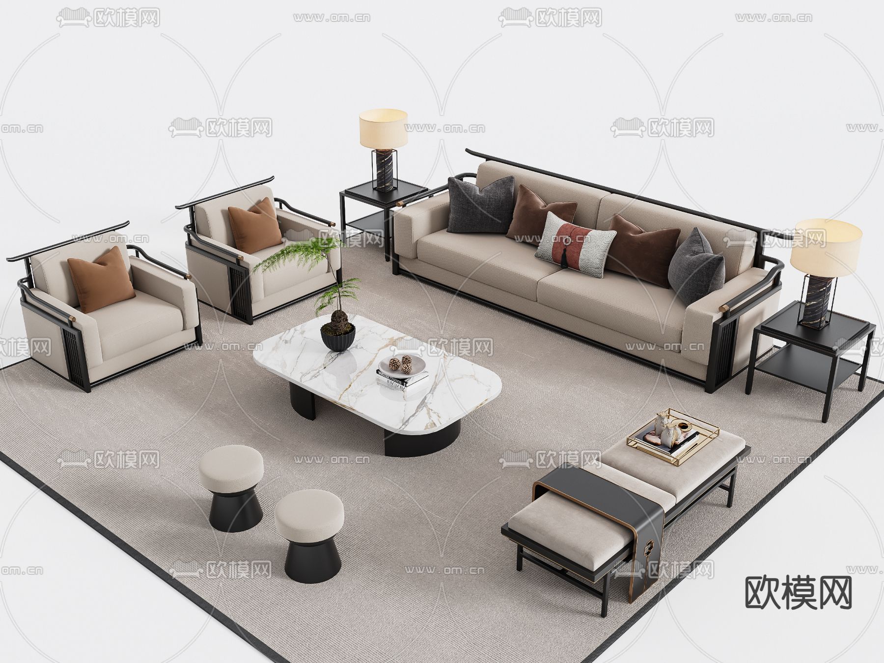 新中式沙发 组合沙发3d模型下载