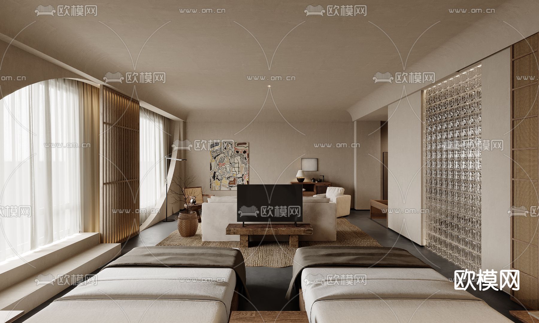 侘寂民宿 客房 双床房3d模型下载（渲染图2）