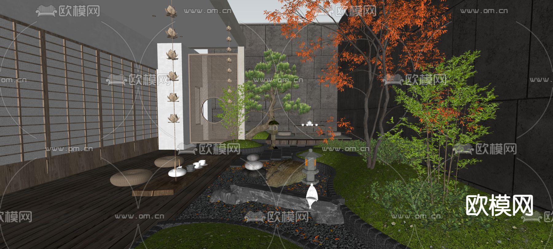 新中式庭院花园su模型下载（渲染图1）