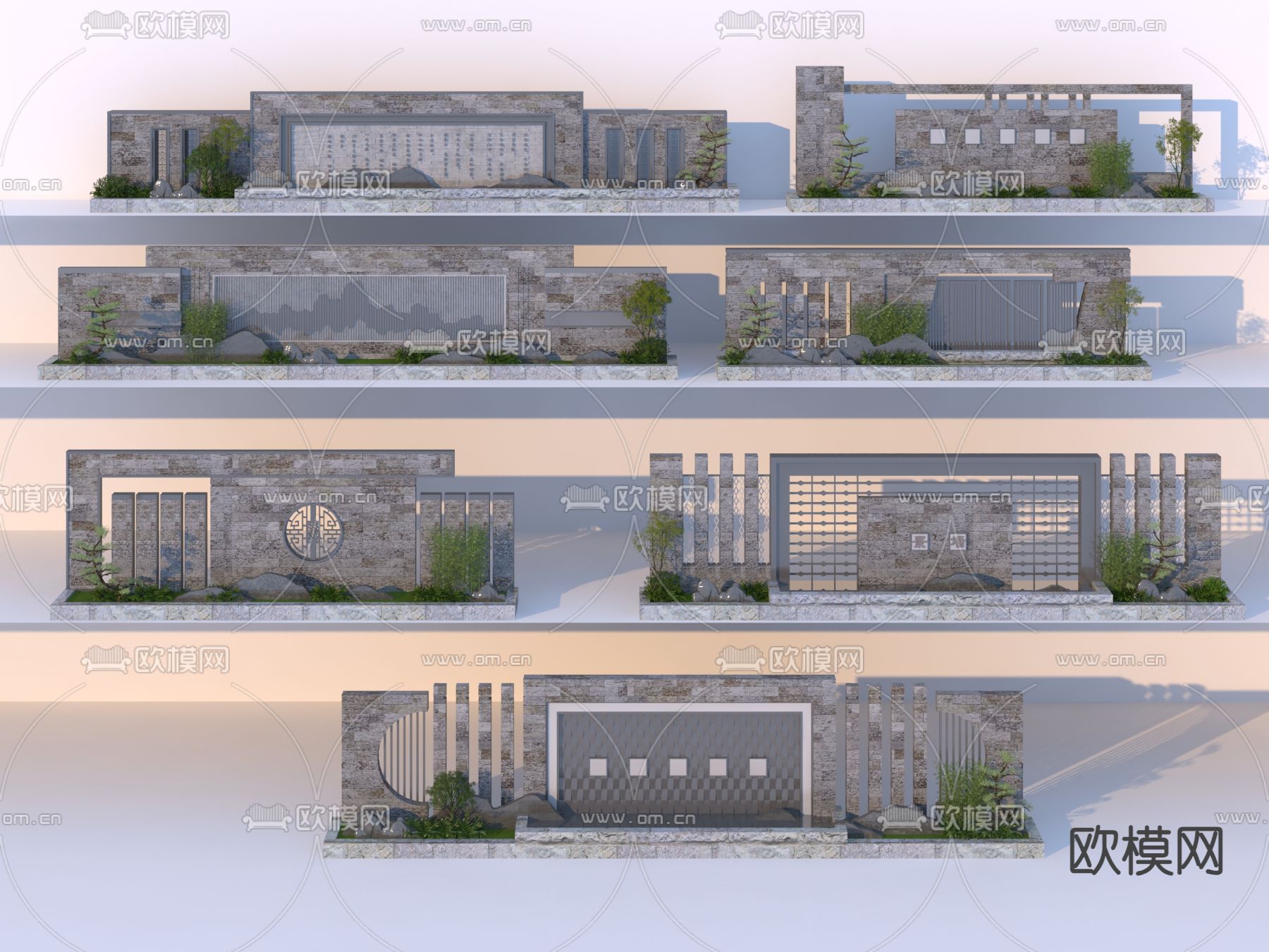 中式景墙 围墙 禅意青砖墙3d模型下载