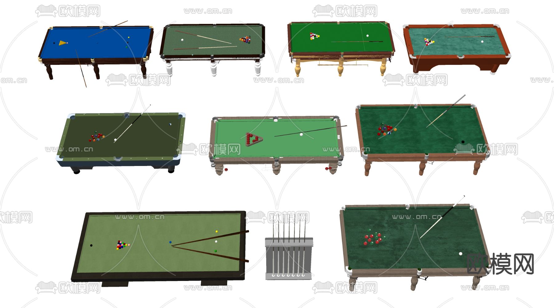 现代台球桌 桌球台 台球杆su模型下载（渲染图1）