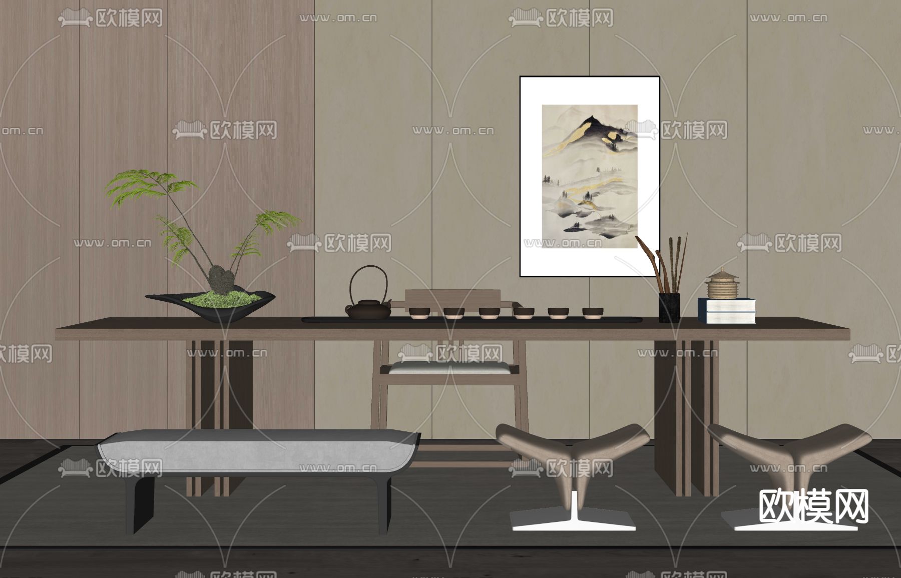 现代茶桌椅su模型下载（渲染图1）