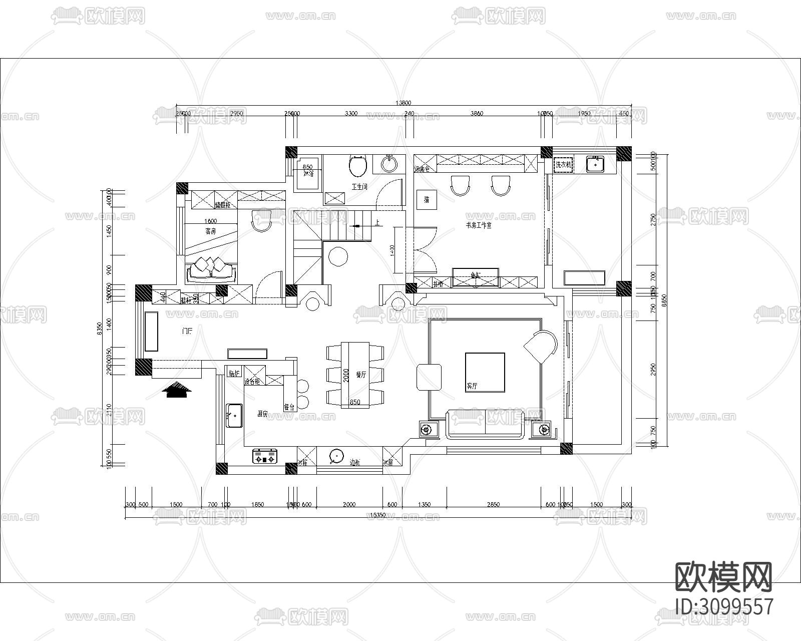 南京200㎡复式住宅cad施工图下载（渲染图2）