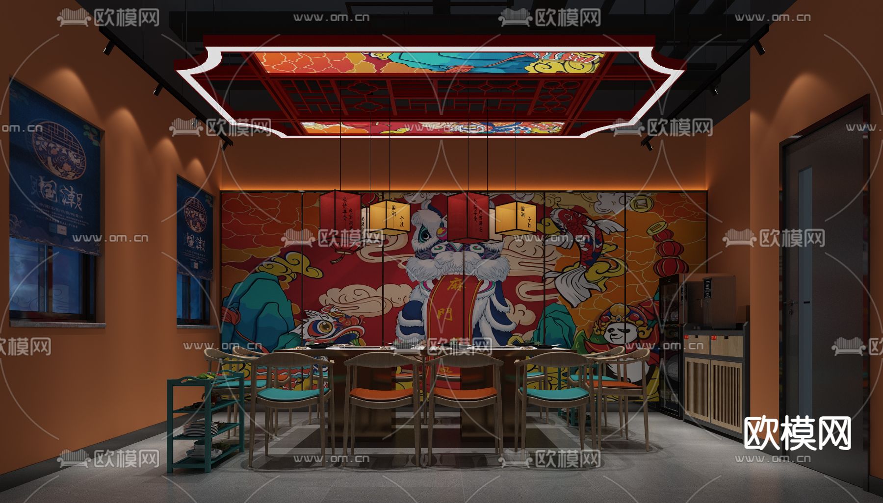 国潮火锅店包房3d模型下载