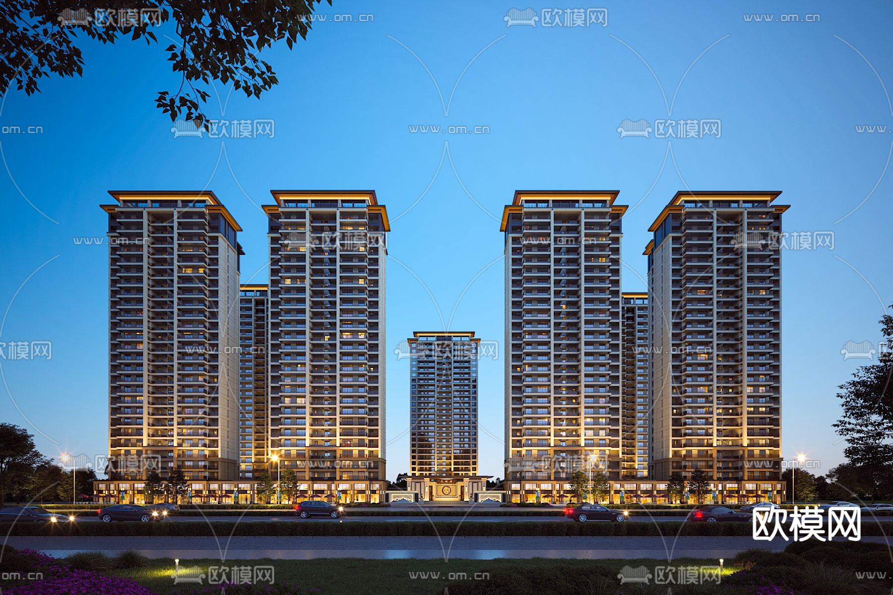 高层住宅外观 沿街商业区 夜景3d模型下载