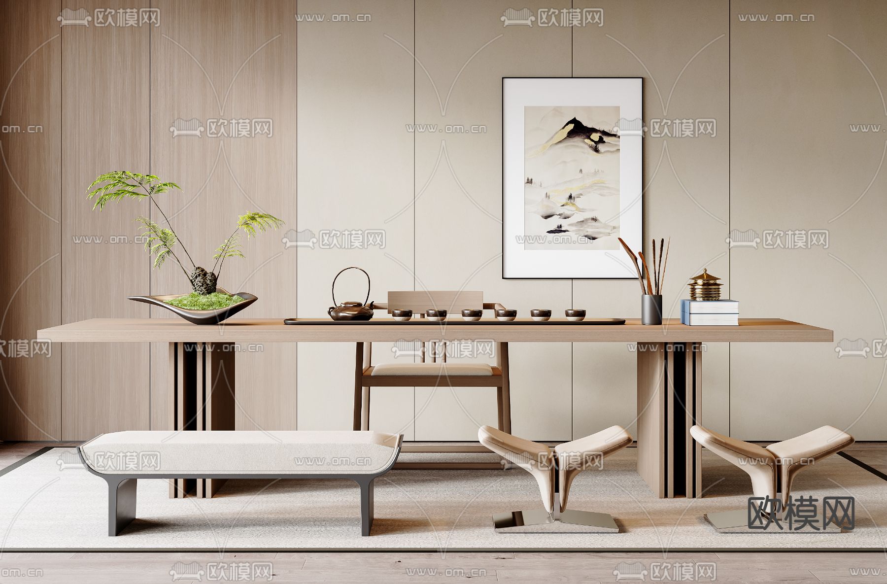 现代茶桌椅su模型下载（渲染图2）