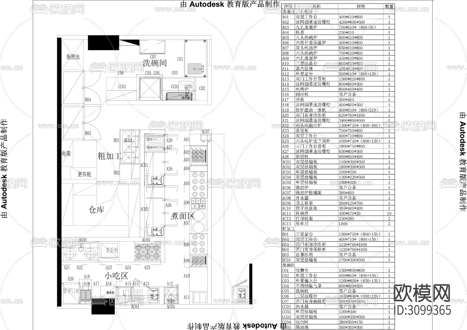 快餐厨房CAD平面图下载（渲染图3）