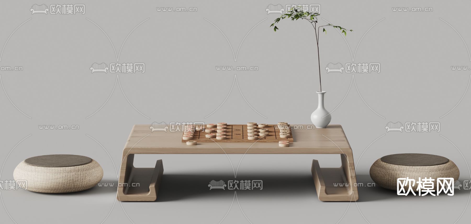 榻榻米围棋桌 象棋 对弈3d模型下载（渲染图2）