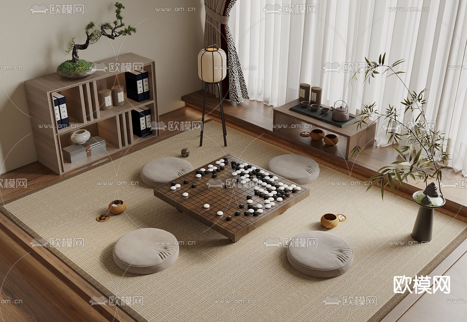 中式榻榻米 围棋室 围棋桌3d模型下载