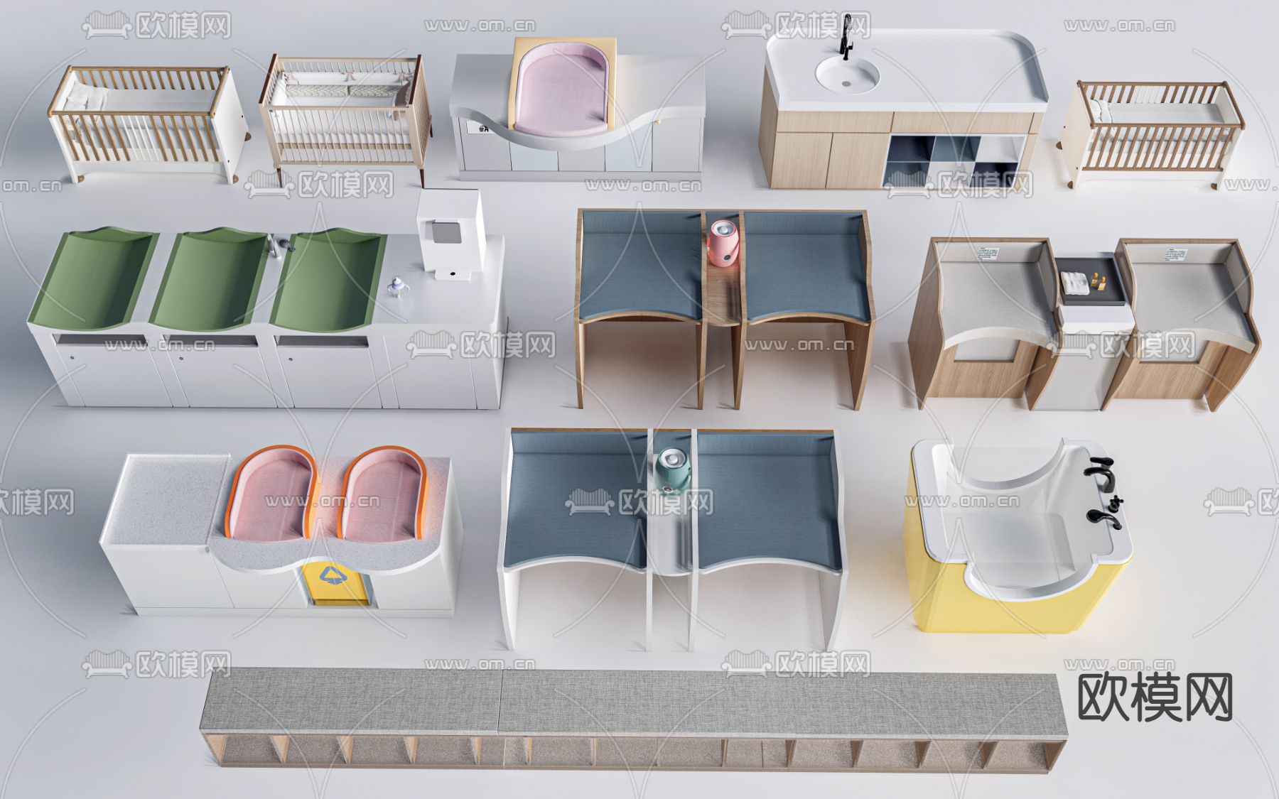 现代婴儿护理床 婴儿床 婴儿车su模型下载（渲染图2）