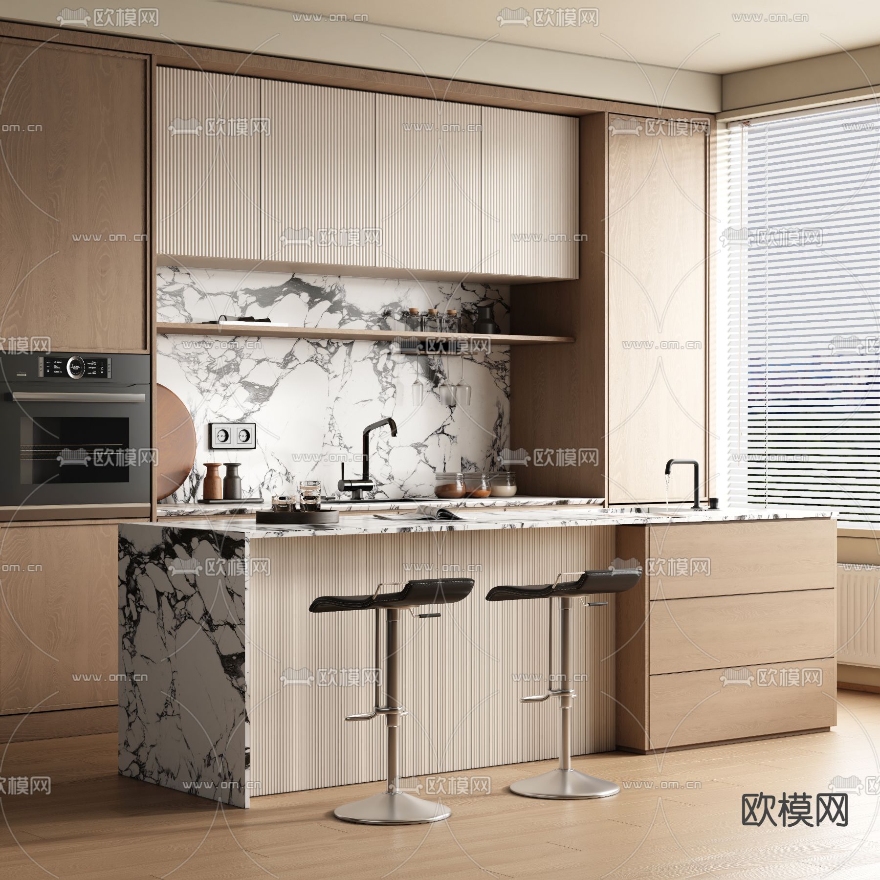 中古风吧台 吧椅 中岛台3d模型下载