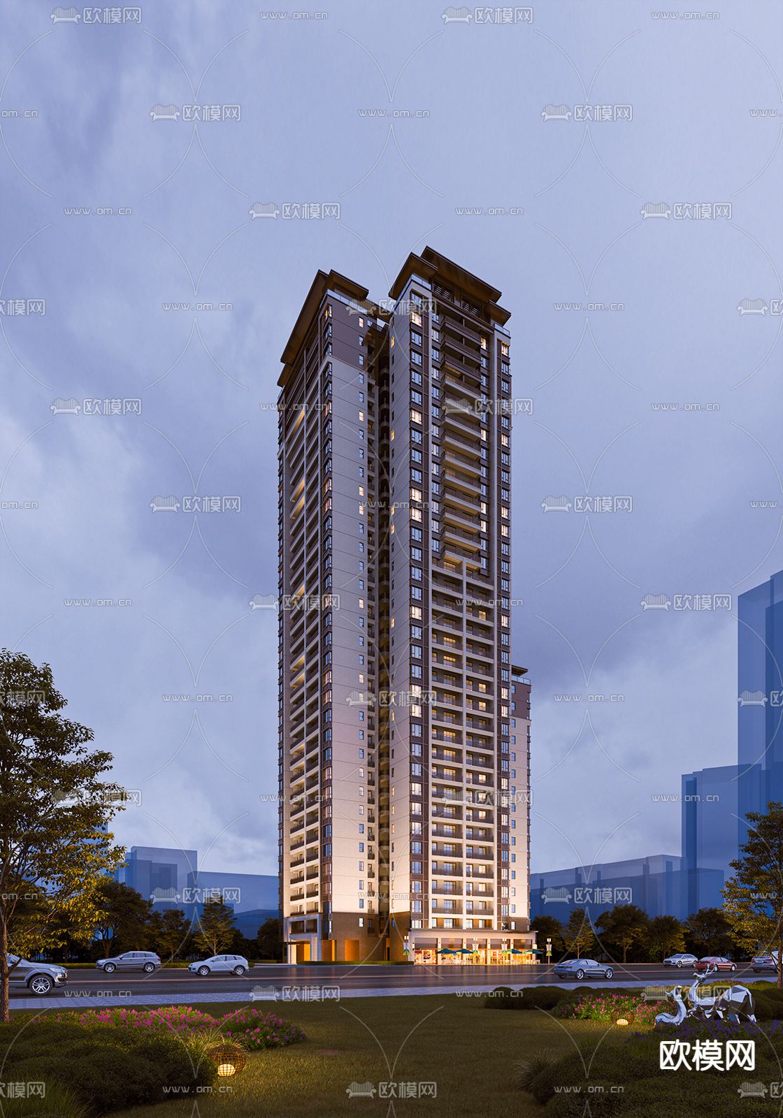 高层住宅外观 夜景 商业街3d模型下载