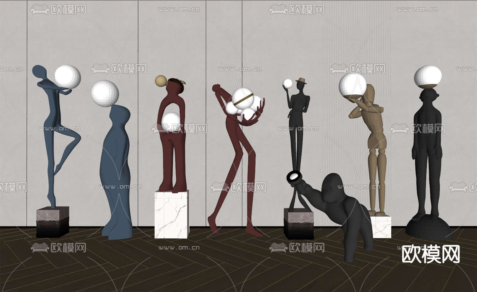 现代人形雕塑 落地灯su模型下载（渲染图1）