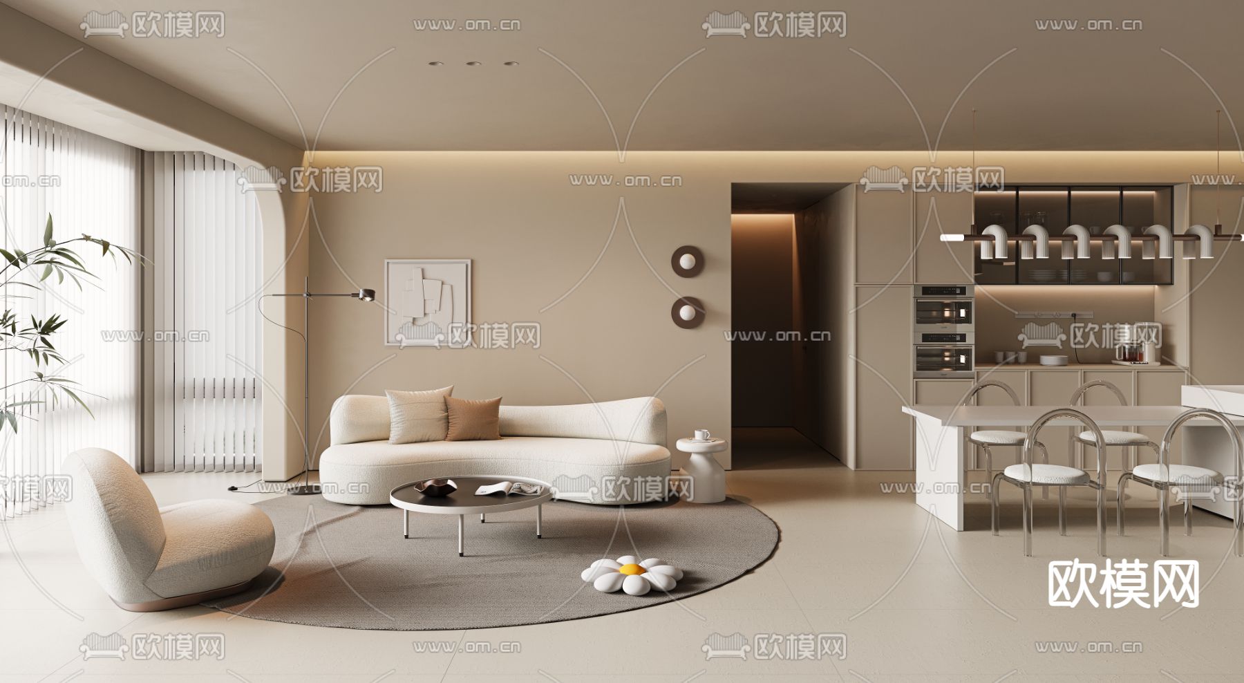 奶油风客餐厅3d模型下载