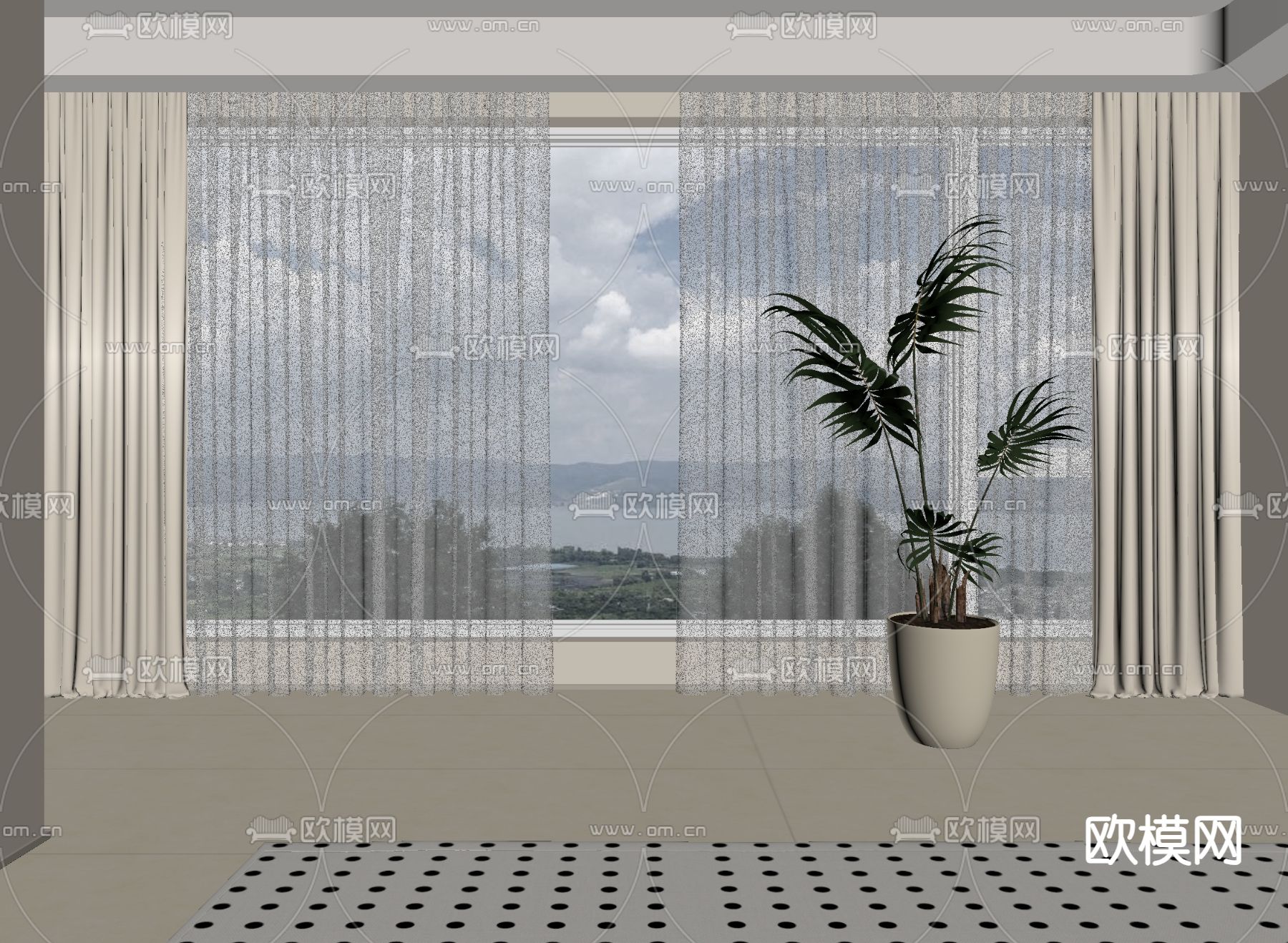 奶油风窗帘su模型下载（渲染图1）