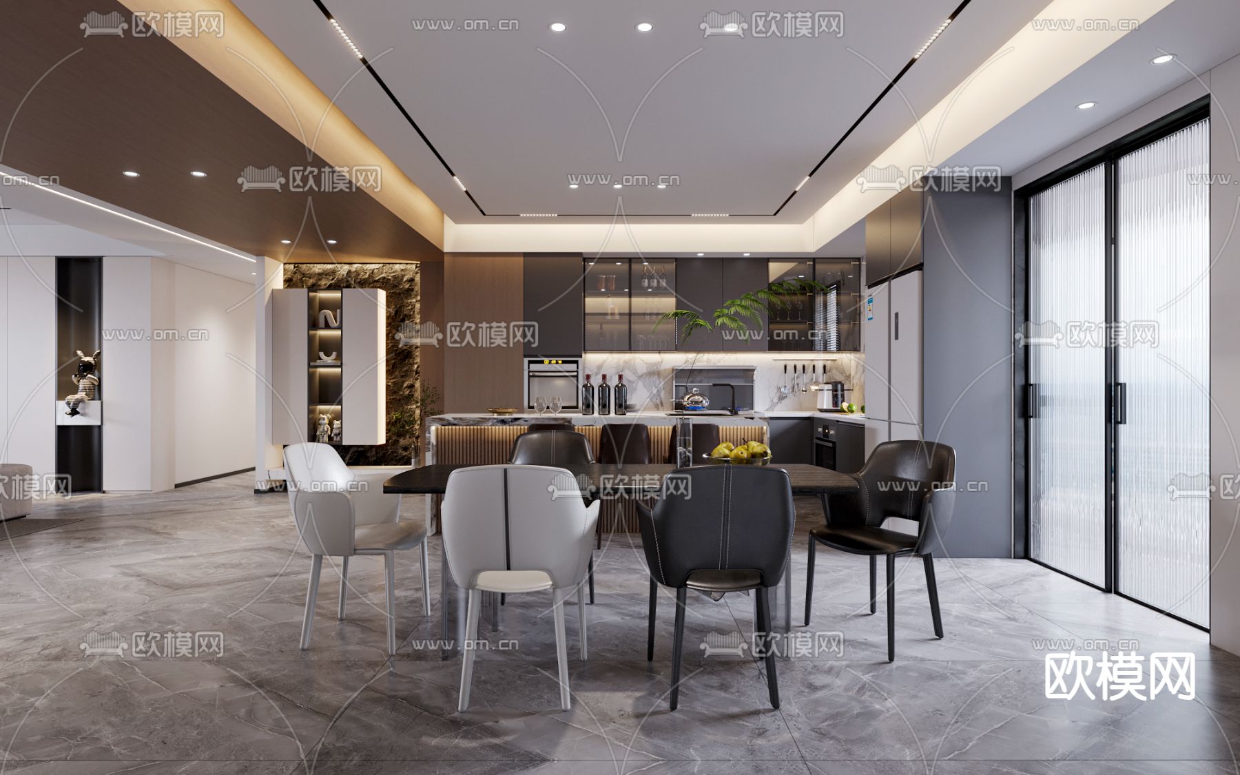 意式极简客餐厅3d模型下载（渲染图2）