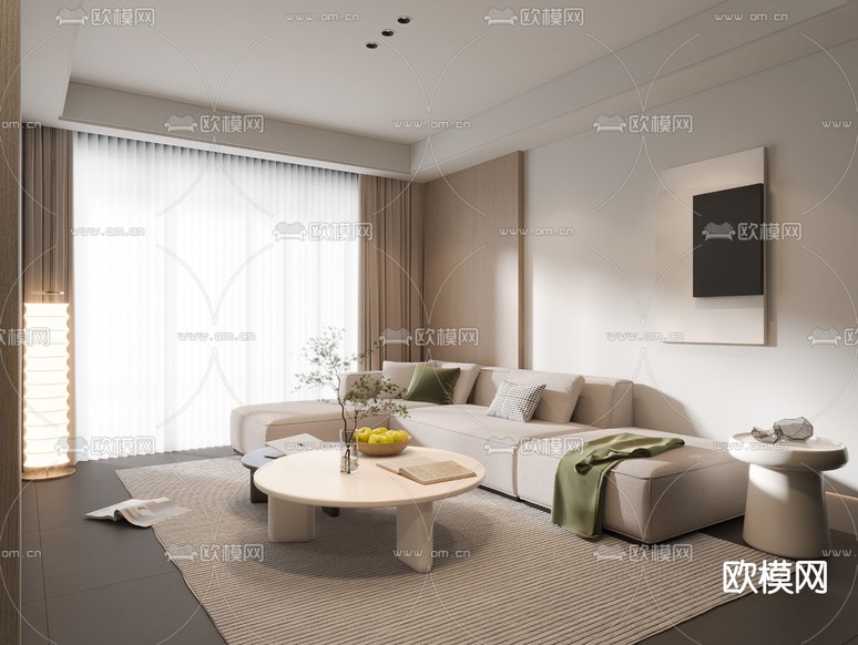 奶油风客厅3d模型下载(渲染图1)