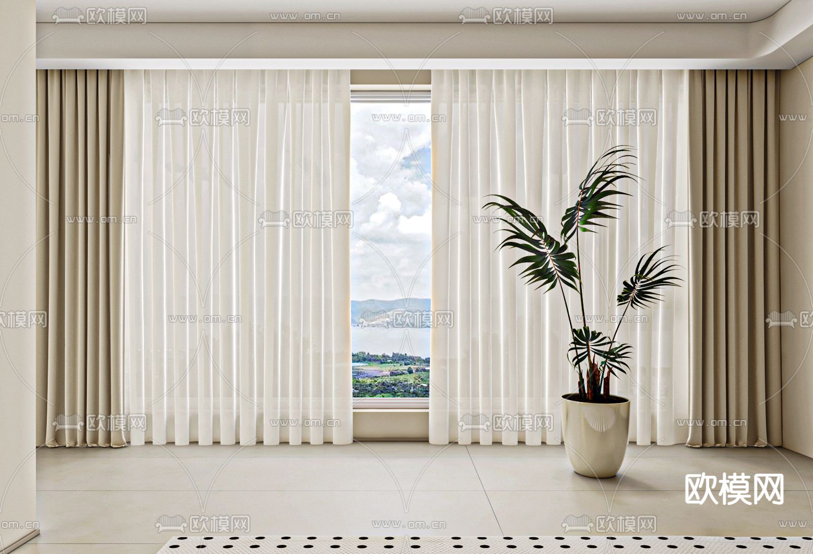 奶油风窗帘su模型下载（渲染图2）