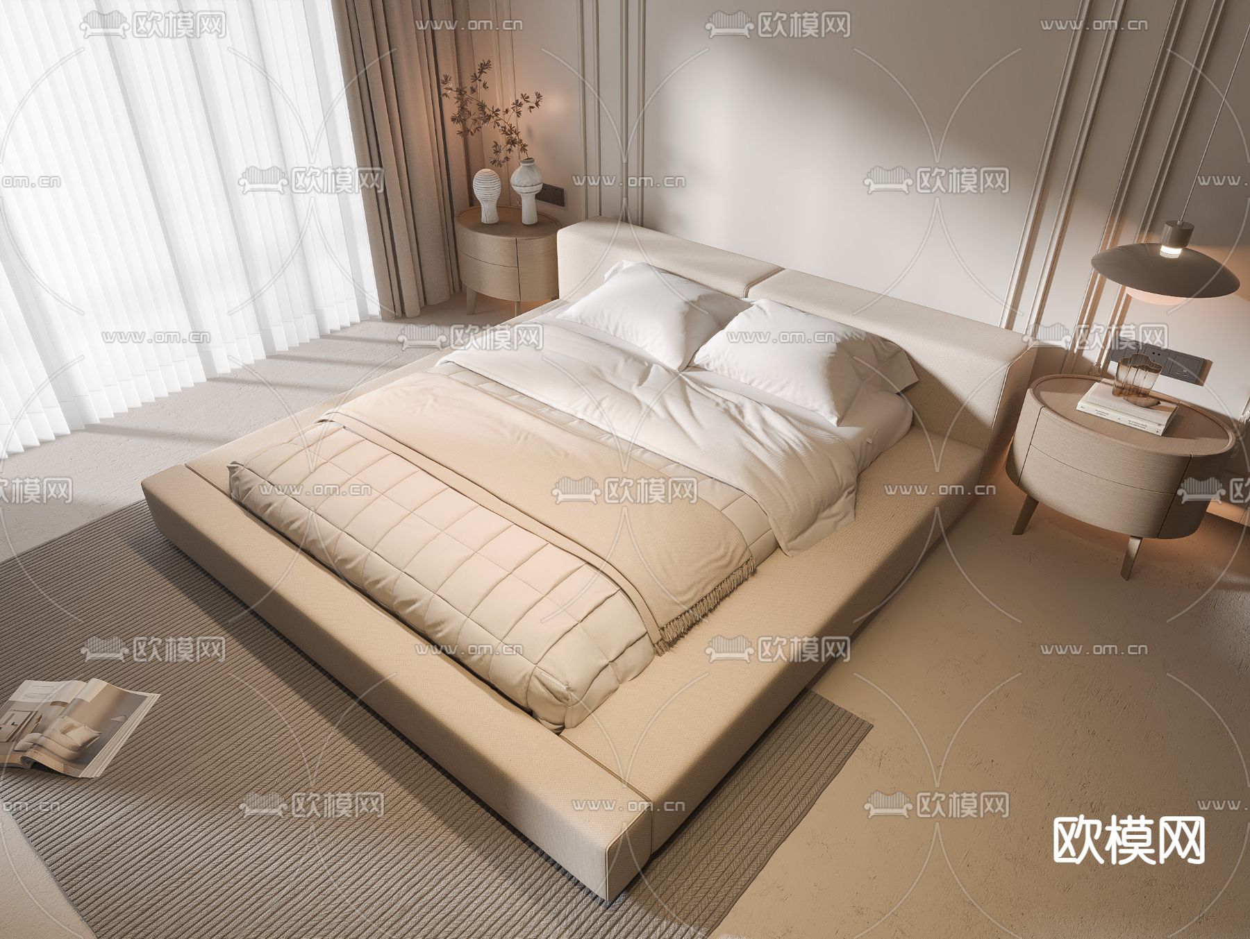 侘寂双人床su模型下载（渲染图2）