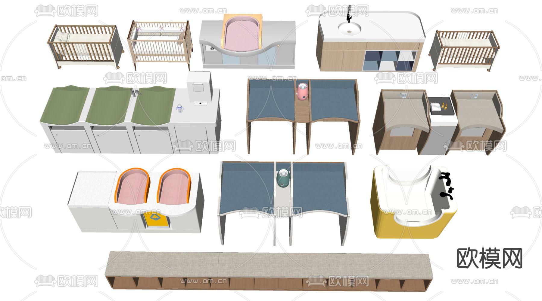 现代婴儿护理床 婴儿床 婴儿车su模型下载（渲染图1）