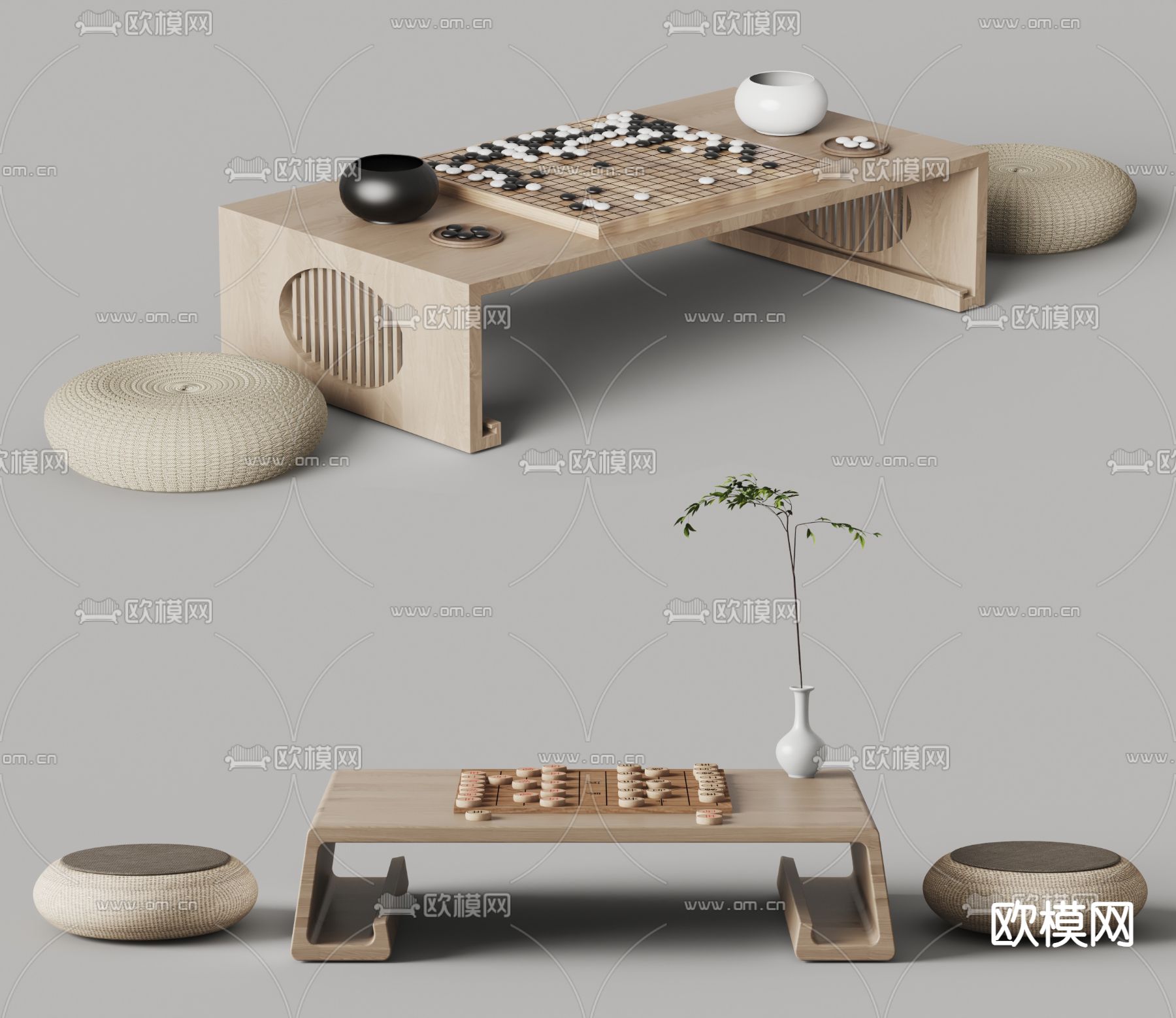 榻榻米围棋桌 象棋 对弈3d模型下载（渲染图1）