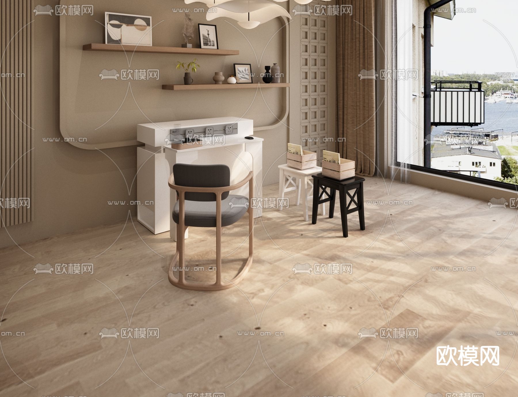 现代餐桌椅 半岛柜 延长餐桌3d模型下载（渲染图4）