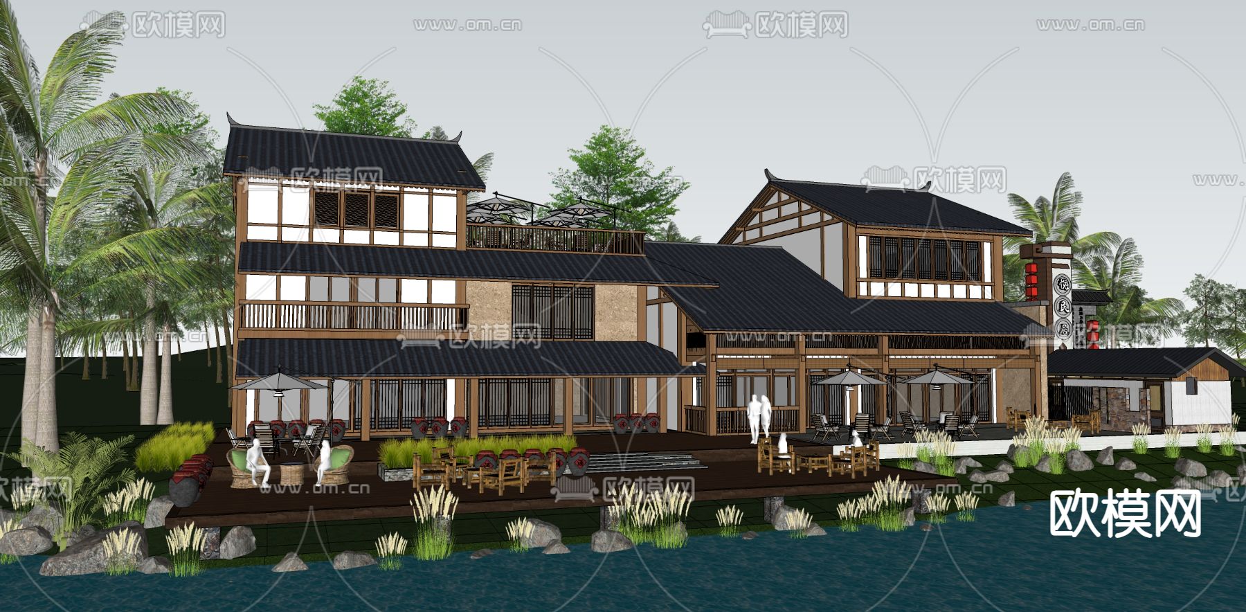 新中式民宿建筑su模型下载（渲染图1）