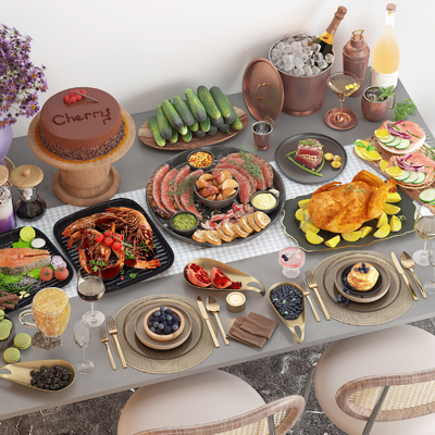  牛排 烤鸡 鱼 沙拉 烤大虾 水果饮料su模型 