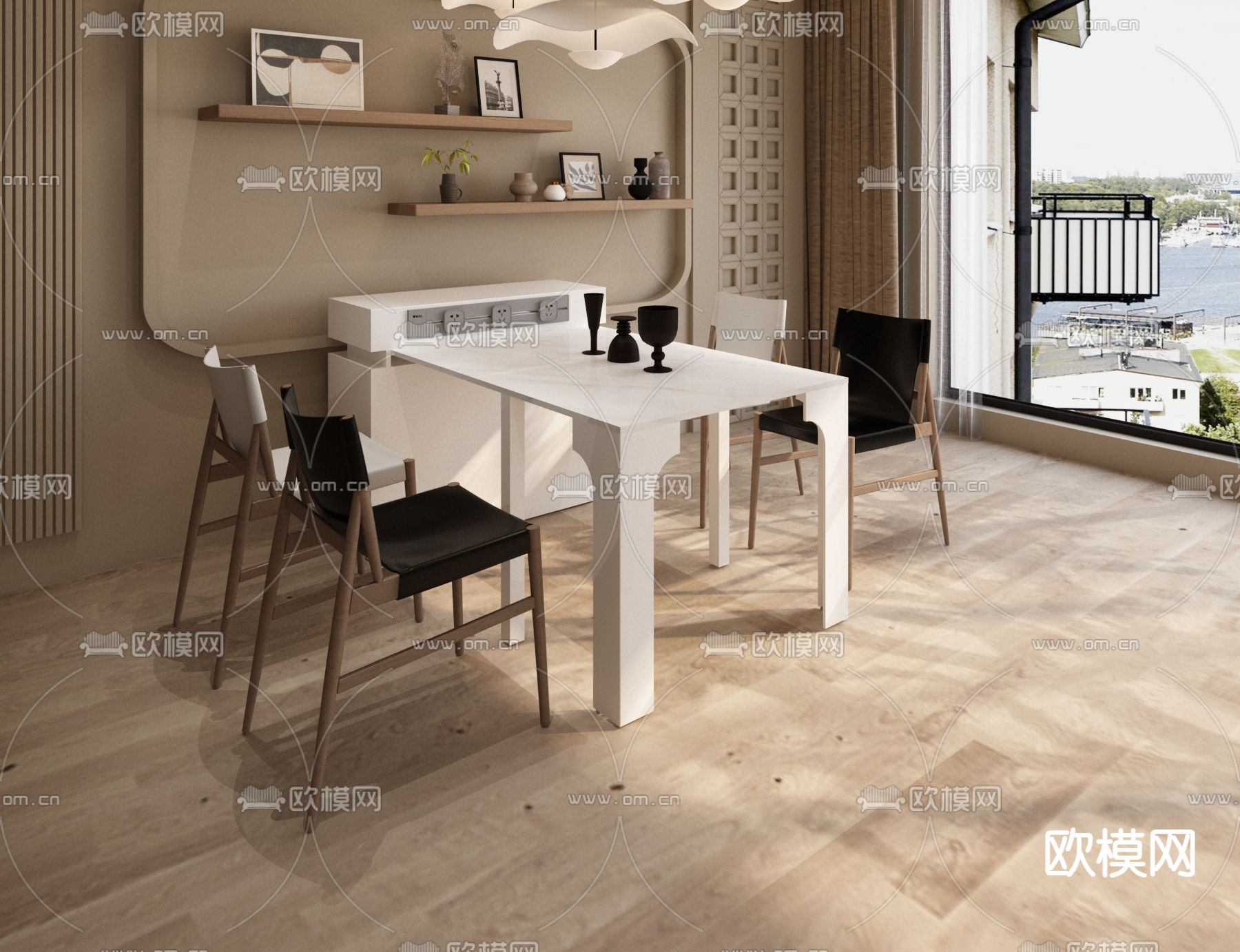 现代餐桌椅 半岛柜 延长餐桌3d模型下载（渲染图3）