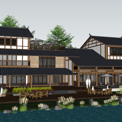  新中式民宿建筑su模型 