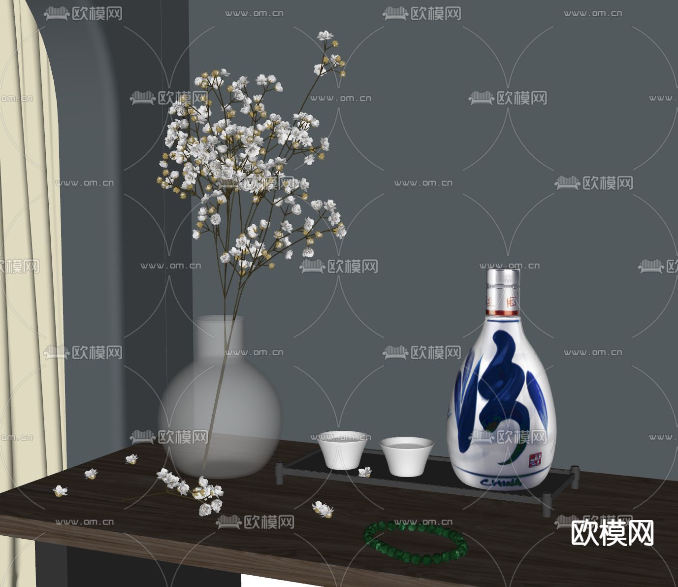 新中式酒具摆件 白酒su模型下载（渲染图1）