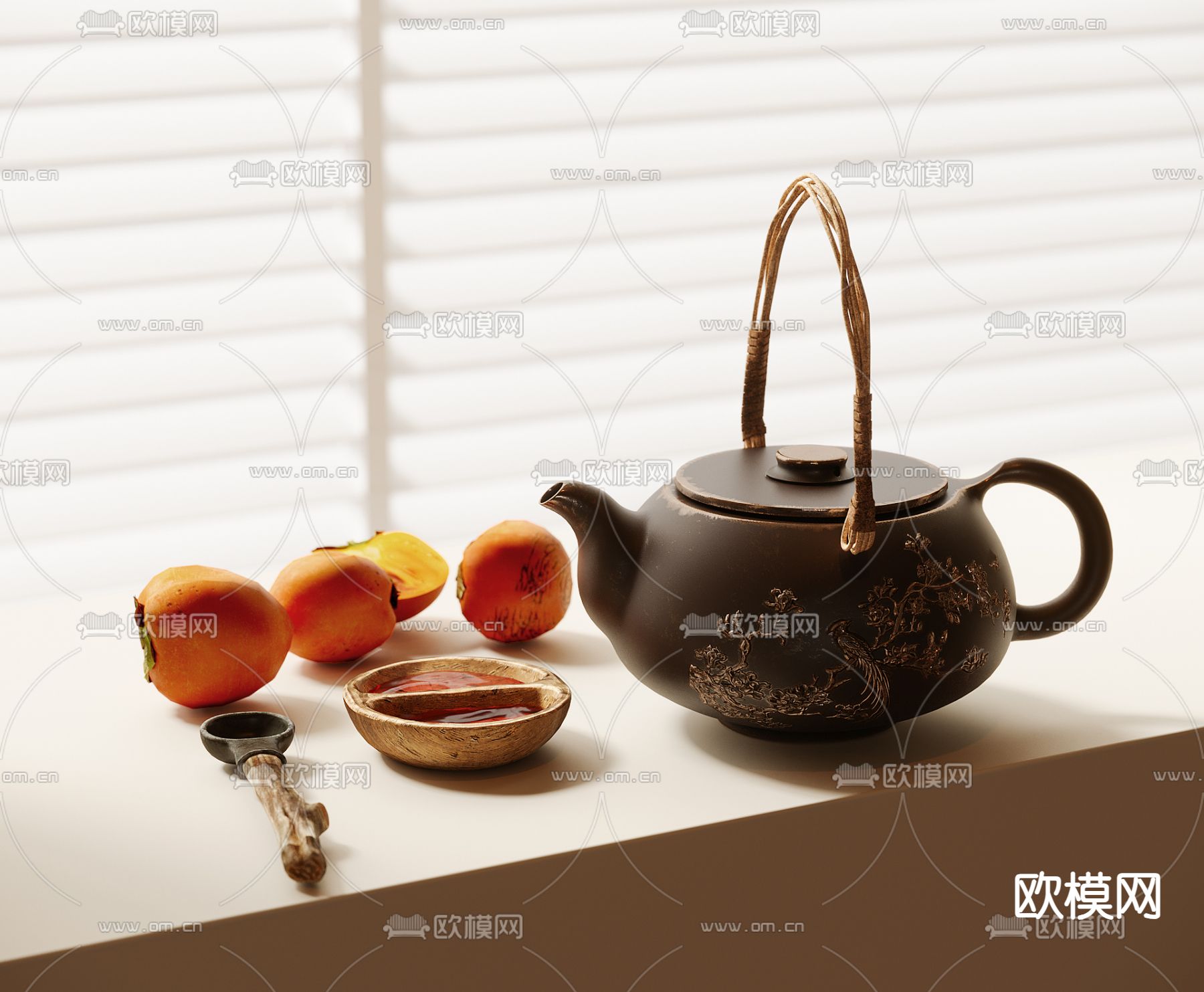 新中式茶壶 茶杯 茶匙 水果3d模型下载