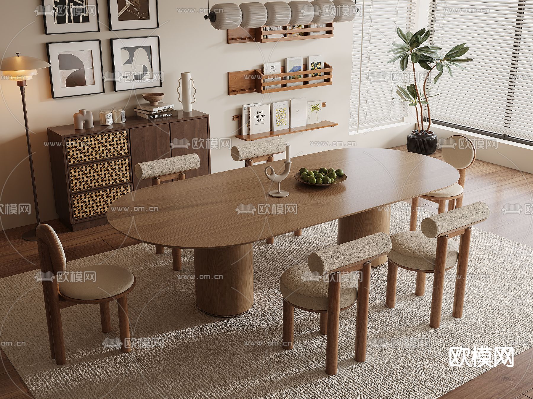 中古风餐桌椅 椭圆餐桌3d模型下载（渲染图2）