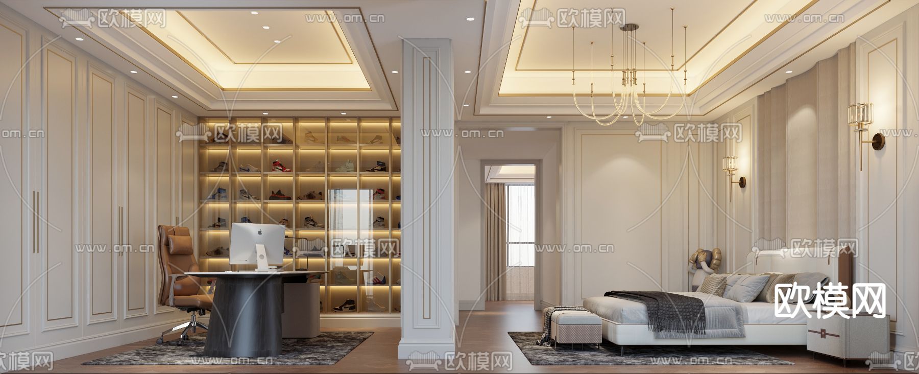 奶油风卧室 主卧 主人房3d模型下载（渲染图2）