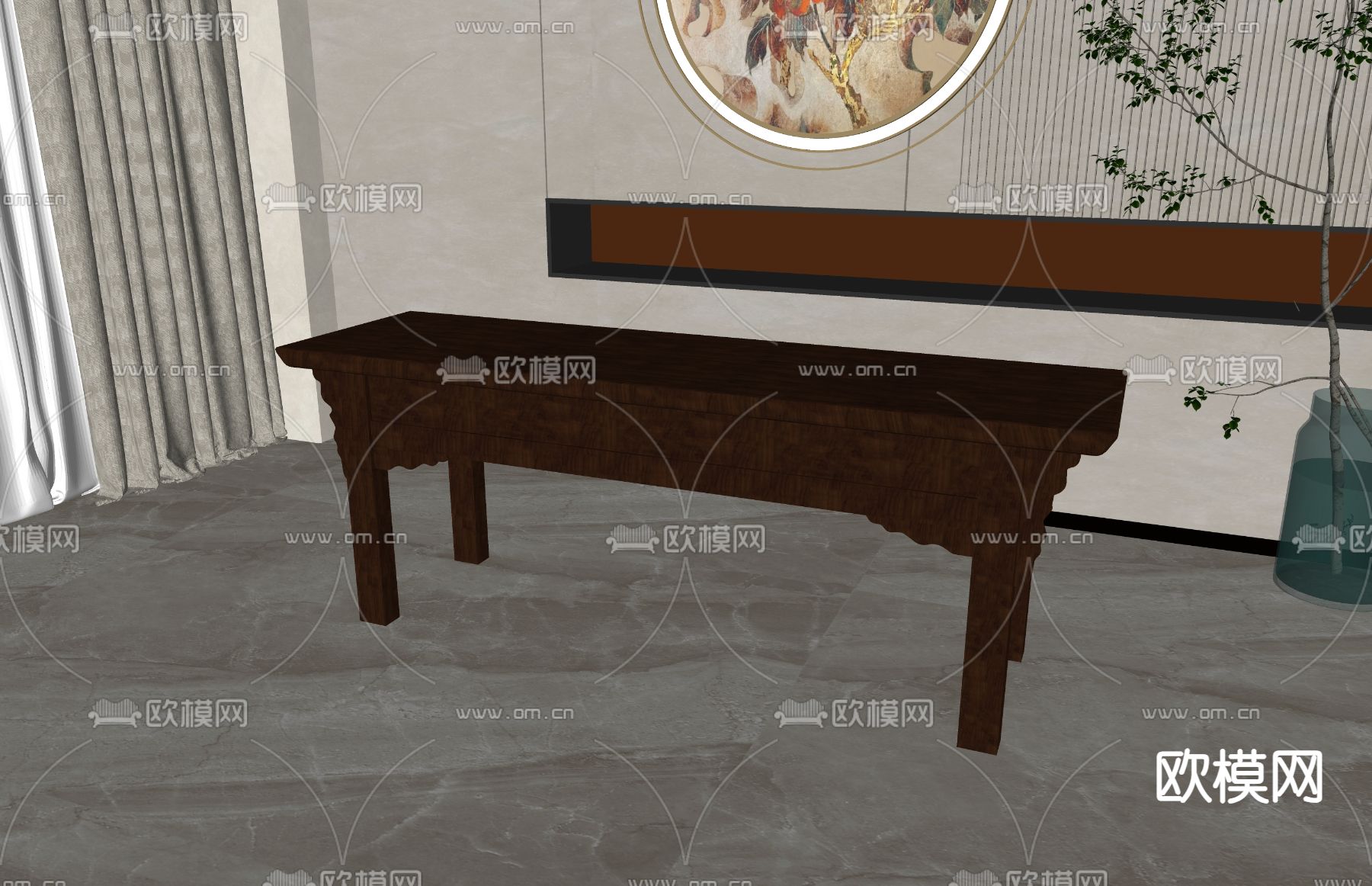 新中式实木长凳su模型下载（渲染图1）