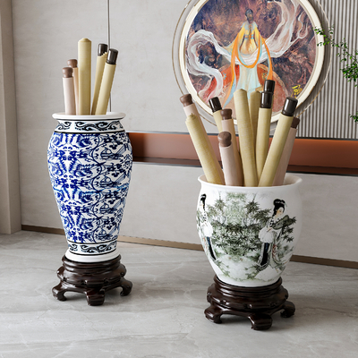  新中式青花瓷 卷轴 书画缸 摆件su模型 