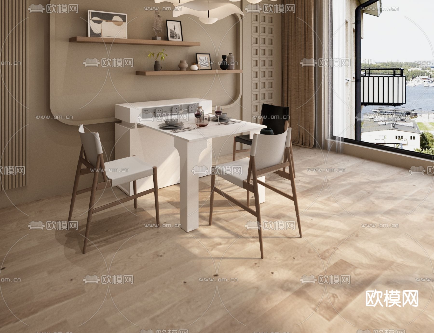 现代餐桌椅 半岛柜 延长餐桌3d模型下载（渲染图2）