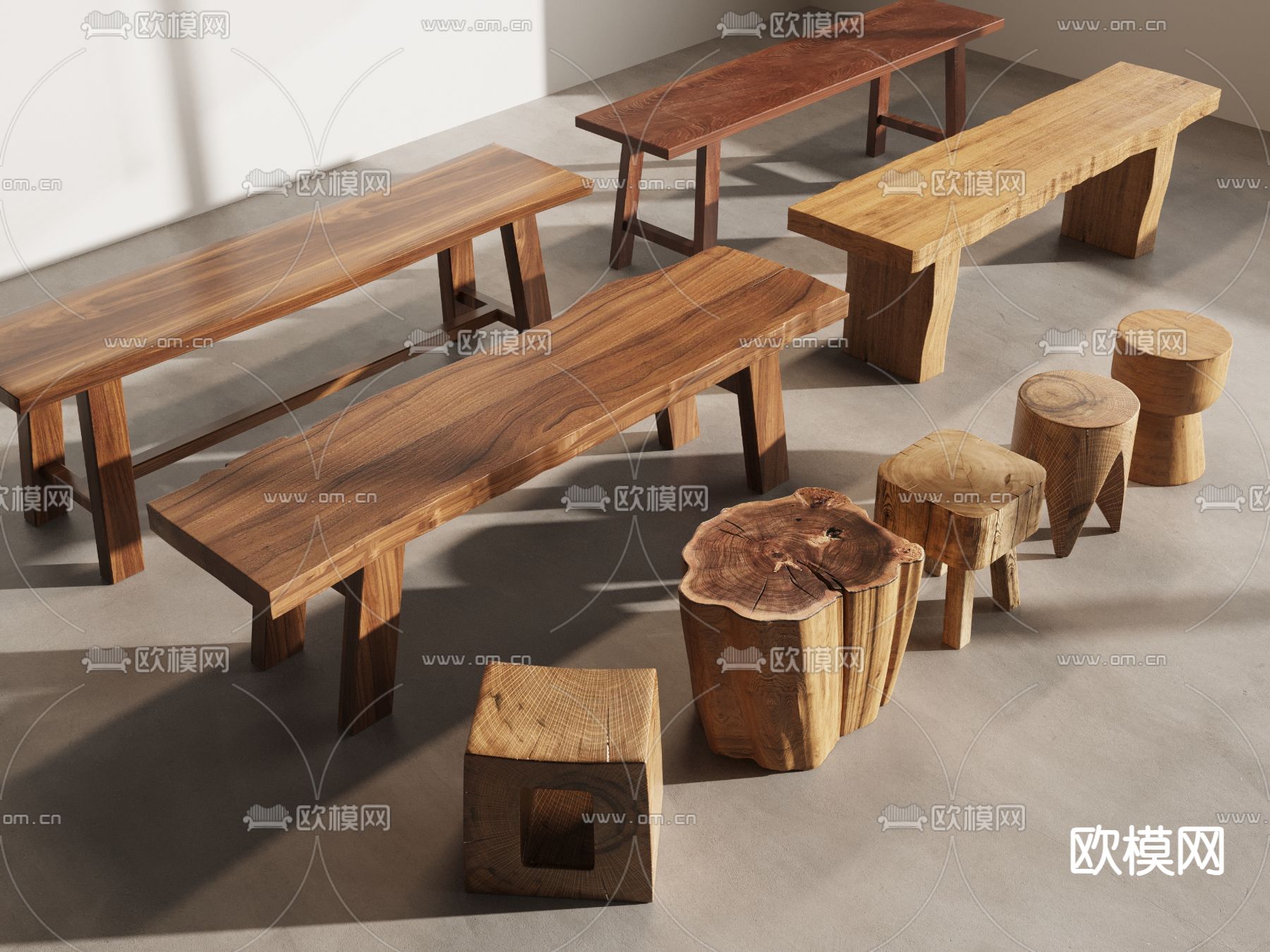 中式凳子 长条凳 圆凳 方凳 木桩3d模型下载
