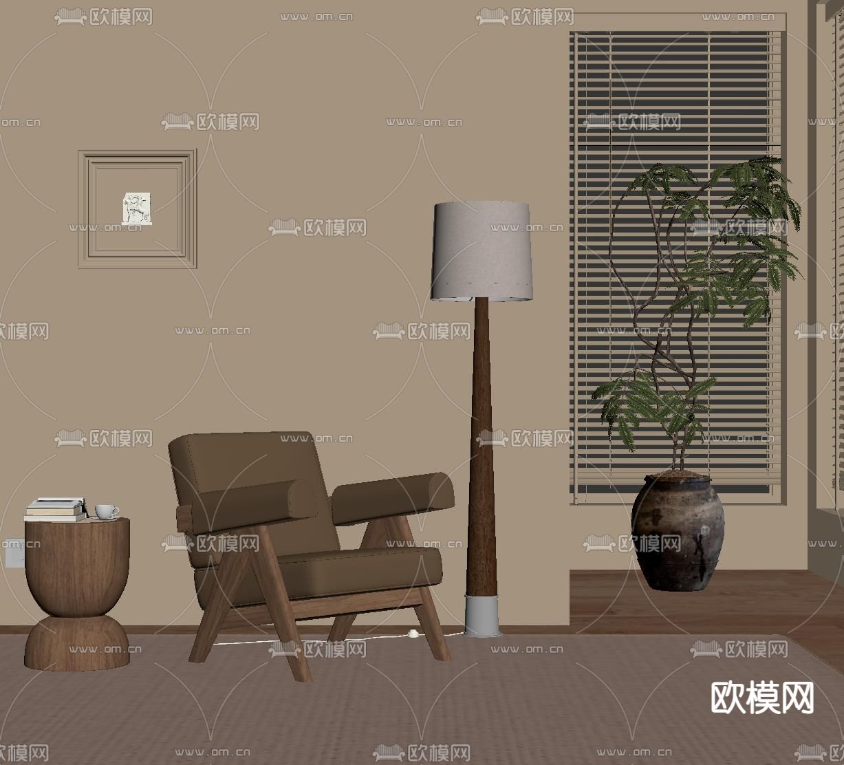 侘寂风休闲椅su模型下载（渲染图1）