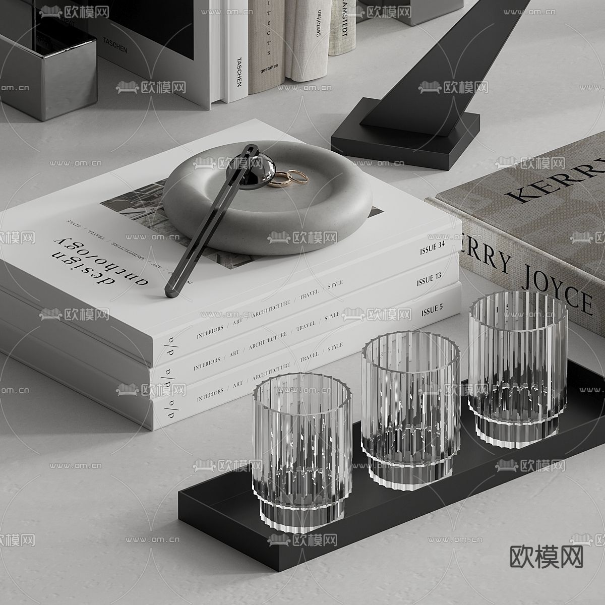 现代装饰品 桌面摆件 花瓶 书籍3d模型下载（渲染图2）