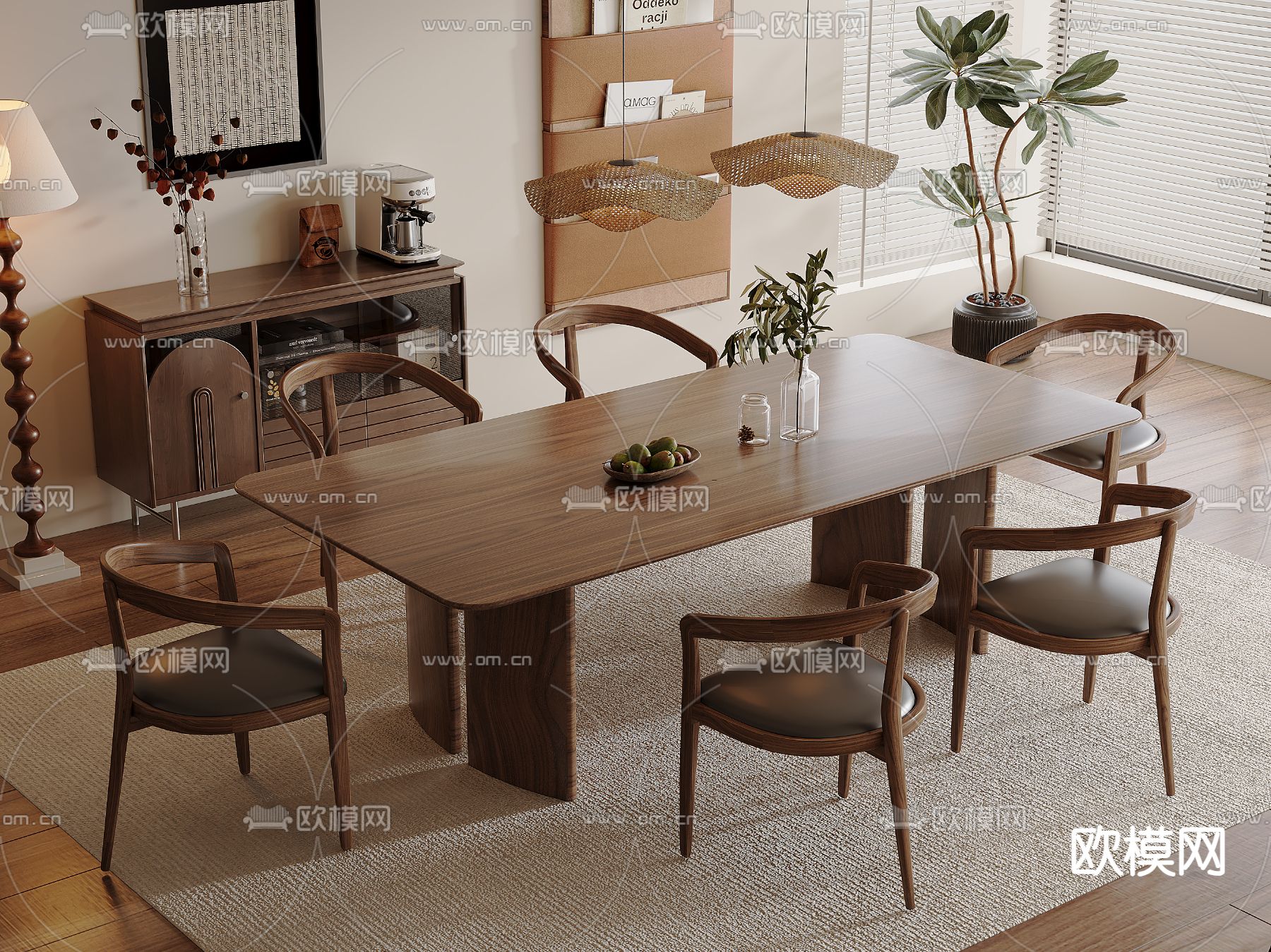 中古风餐桌椅 条形餐桌3d模型下载（渲染图2）
