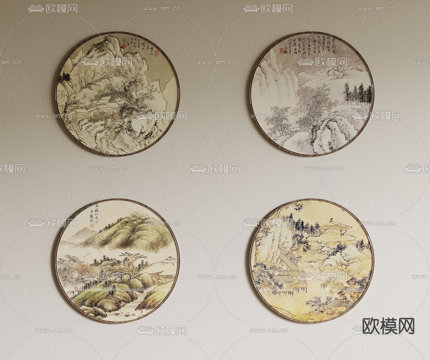 新中式挂画 圆形装饰画 山水画3d模型下载